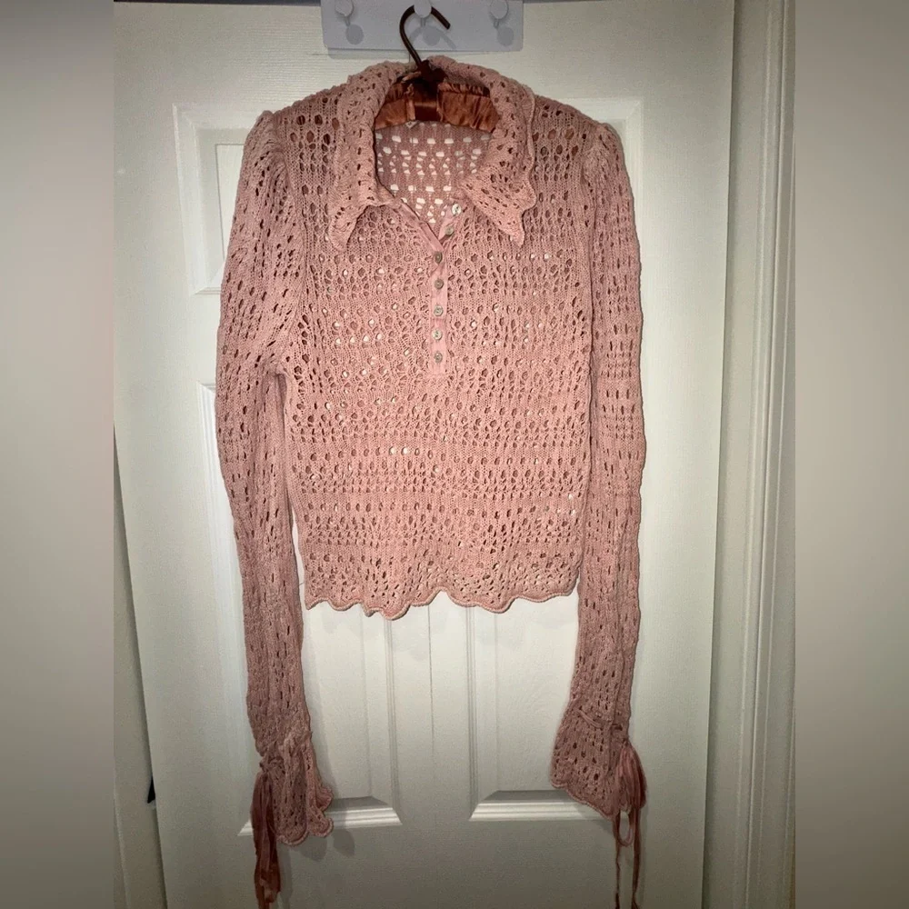 Free People Pointelle Knit Collared Sweater, Mauve Rose, Size M